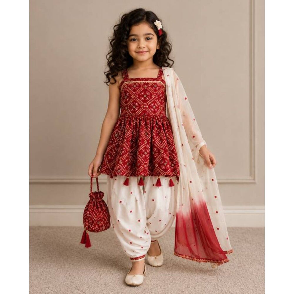 Girls Red & White Sequin Embroidered Dress w/ Dupatta Set, D.No:7844
